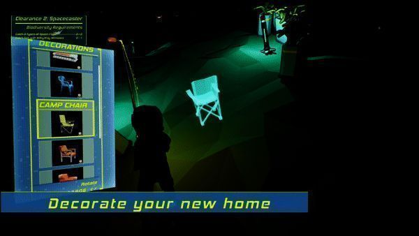 玩家在小行星内部布置房间的场景，展示多种装饰元素