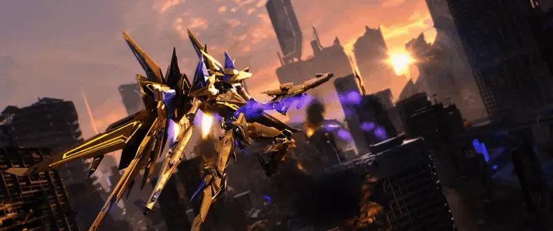 矛隼特装型在废墟城市中展开激烈交火，机身散发出耀眼的能量光芒