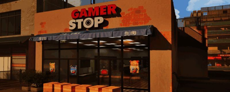 《Gamer Stop Simulator》游戏封面画面，展示游戏商店外观及店内角色互动场景