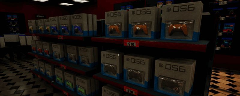 《Gamer Stop Simulator》游戏主界面展示，一个复古风格的游戏商店内部场景