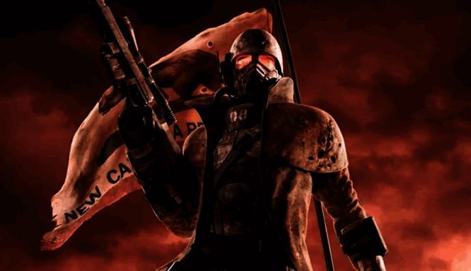 《辐射：新维加斯》游戏画面，废土世界中的角色战斗场景