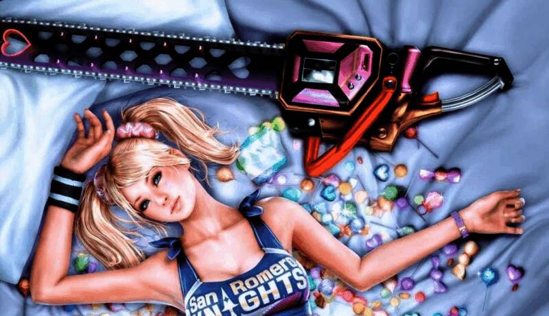 《电锯甜心》游戏场景截图，朱丽叶与僵尸激烈战斗，画面充满血浆特效和复古风元素