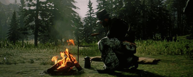 《荒野大镖客2》游戏中角色站在营火旁进食的画面
