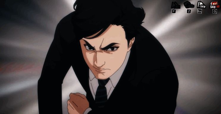 游戏角色木内雄之站在地铁站台边缘，神情冷漠