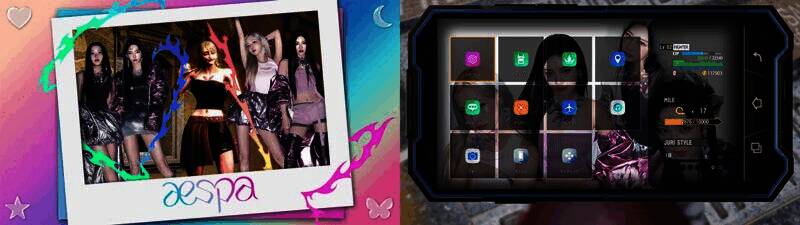 游戏界面截图展示aespa AI成员æ在《街霸6》中的虚拟出场效果，背景光影绚丽