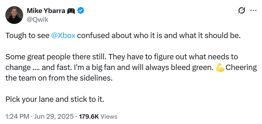 前Xbox高管Mike Ybarra接受采访画面，神情严肃表达对Xbox战略的担忧