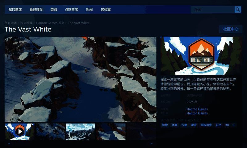 Steam商店页面截图展示《The Vast White》游戏封面与基本信息