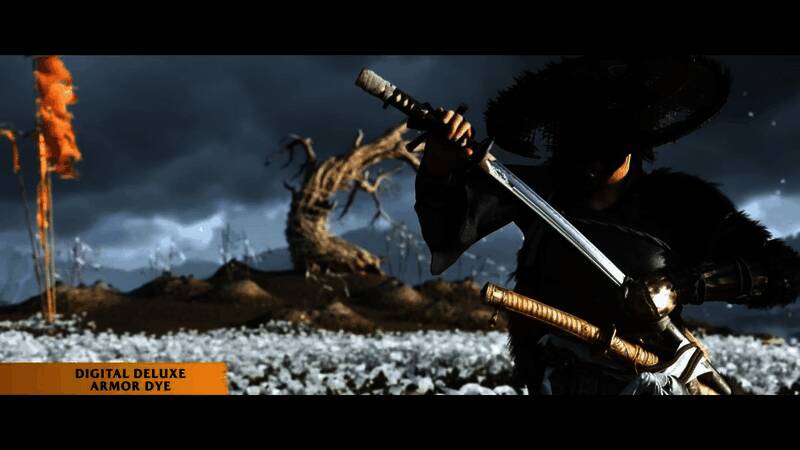 一位武士持剑站立于雪地之中，身后是雾气缭绕的山林，气氛肃穆且充满史诗感