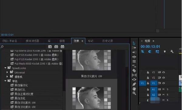效果面板中选中黑白淡化胶片选项