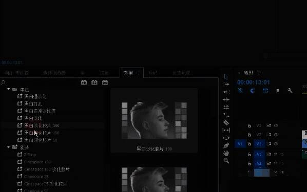 视频预览窗口展示黑白效果已成功应用的画面
