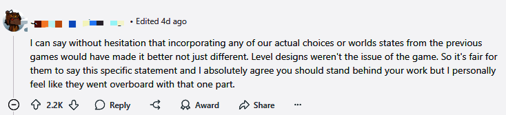 Reddit论坛关于《龙腾世纪：影障守护者》的评论截图，显示多条高赞回复