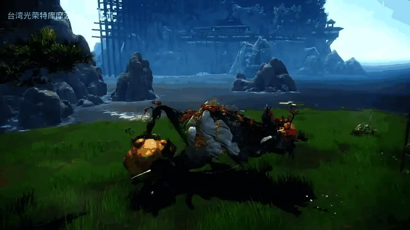 角色手持飞燕刀飞跃战场，背景为巨大BOSS轮廓