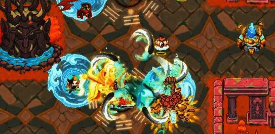 玩家角色手持新锻造武器战斗画面，背景为炼金工坊场景