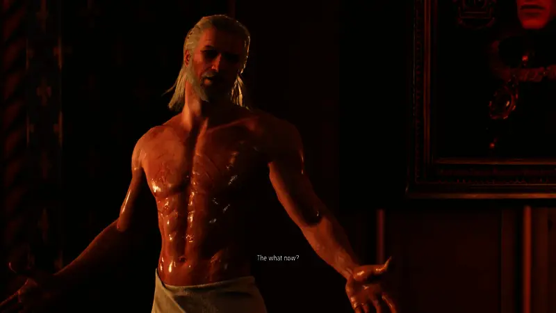 《巫师3》中充满情感张力的角色互动场景，气氛深沉而真实