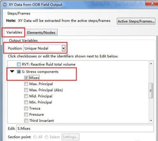 变量选择界面，mises应力选项被选中并高亮