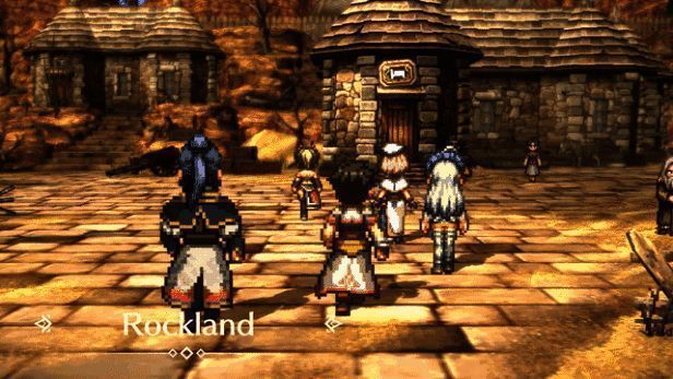 角色在城镇中行走的场景，展现细腻的人物绘制