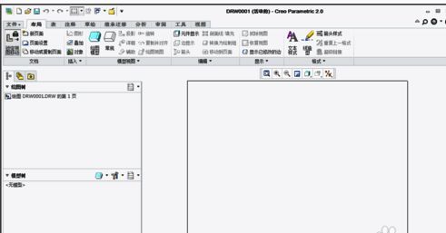 Creo工程图主界面，显示空白图纸与工具面板