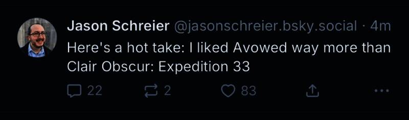 社交媒体上关于《宣誓》和《光与影：33号远征队》对比的评论截图