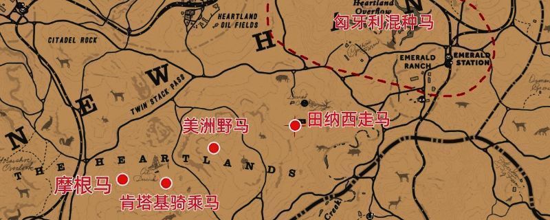 大地之心刷马区域地图截图，标注多种马匹刷新位置