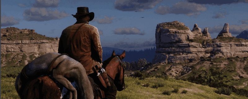 荒野大镖客2游戏战斗场景，主角手持步枪瞄准远处目标