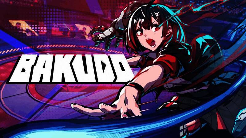 《BAKUDO》宣传图，展现角色投掷球体技能的战斗画面，背景为未来学园