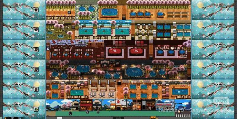 玩家打造的樱花主题温泉馆场景，粉色花瓣飘落池中，氛围浪漫