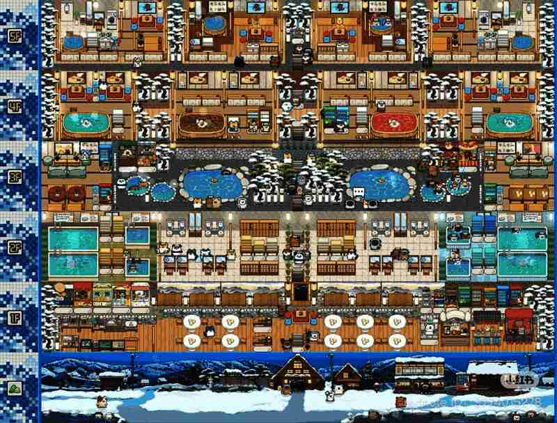 冬季风格温泉馆展示图，雪花飘落，室内温暖如春