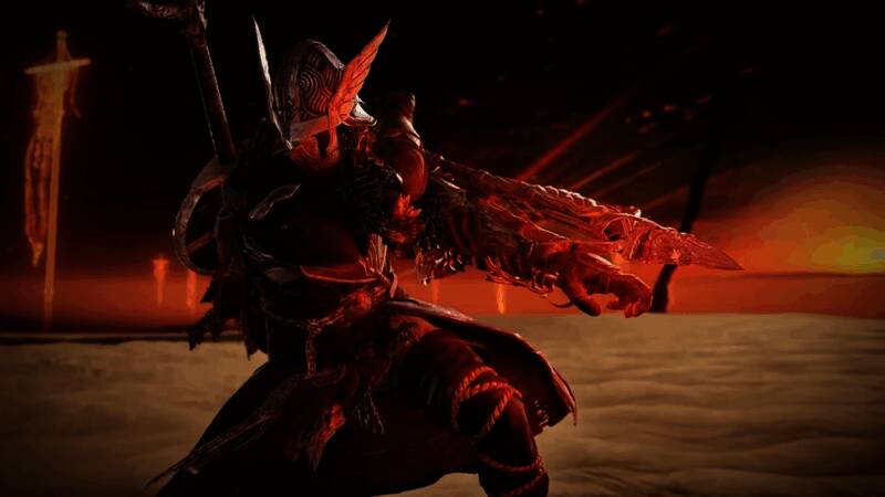 玛雷家行刑剑在游戏中的展示画面，剑身泛着红色光芒，背景为黑暗风格的战场场景