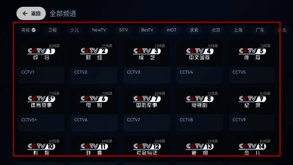 小飞电视频道列表界面展示，多个热门频道排列整齐，用户可一目了然地选择观看