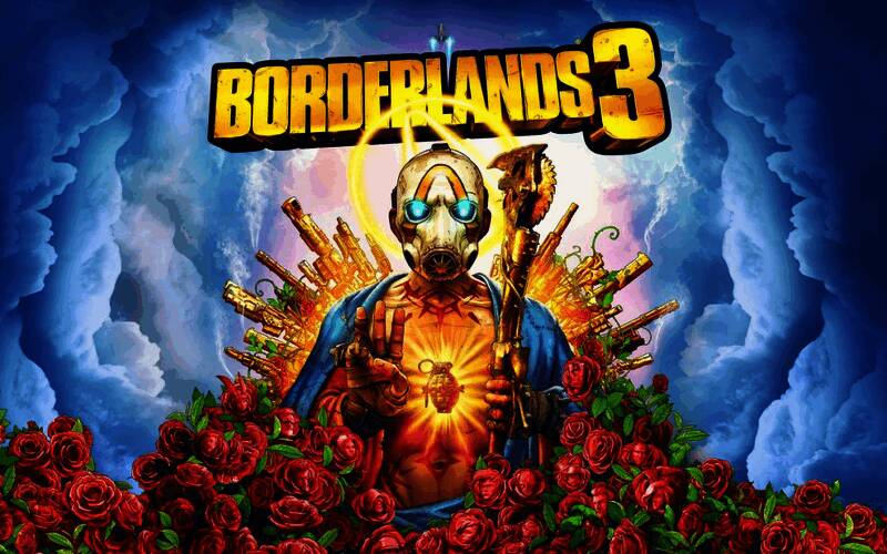 《无主之地3》游戏战斗场景，角色手持夸张武器对战巨型Boss