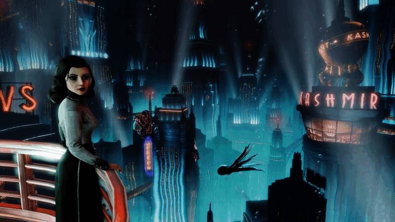 《生化奇兵》游戏场景，黑暗氛围下的科幻城市