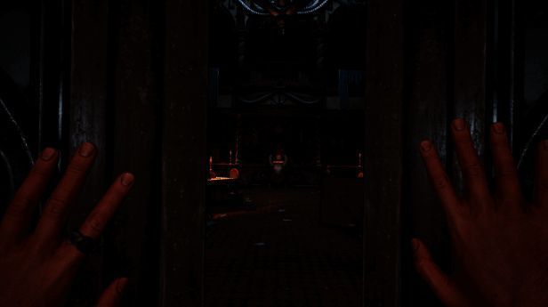 游戏场景展示破败神庙与扭曲雕像，营造出压抑诡异的氛围