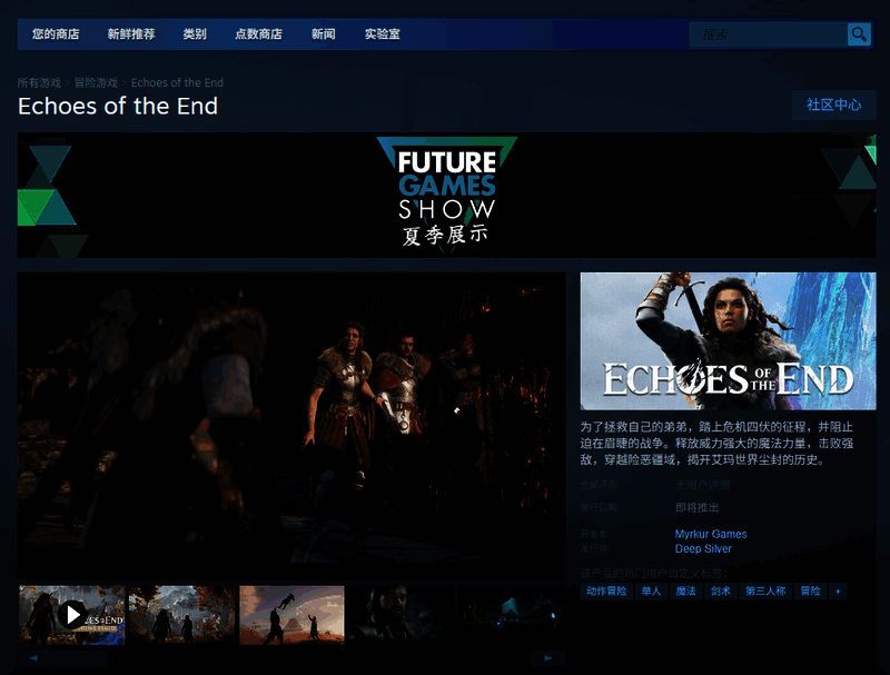 Steam商店页面截图，展示《Echoes of the End》购买界面及下载按钮位置