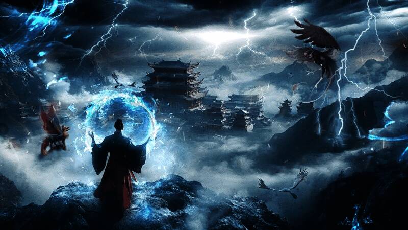 《封神再临》宣传图，仙气缭绕的山川之间，众多角色御剑飞行