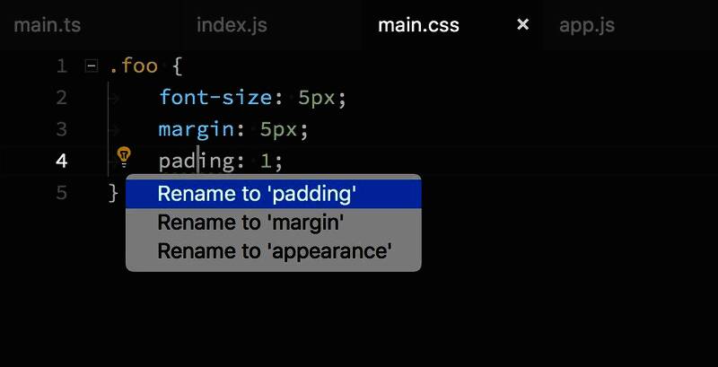VSCode下拉菜单中显示Rename to 'padding'选项，已高亮选中状态