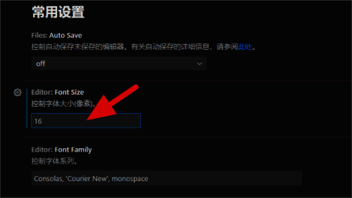 VSCode设置页面中字体大小调节区域高亮显示