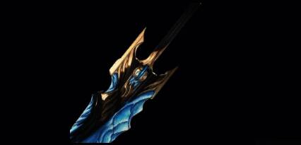 武器浩境粼光展示，蓝色水系特效环绕剑身