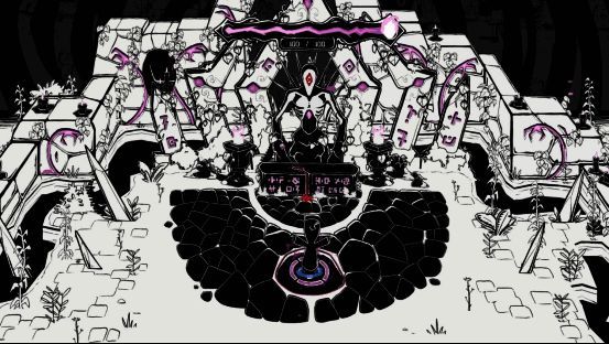 画面中一群圆滚滚的信徒围绕魔法阵起舞，背景是一座扭曲的黑色神殿，气氛诡异而神秘