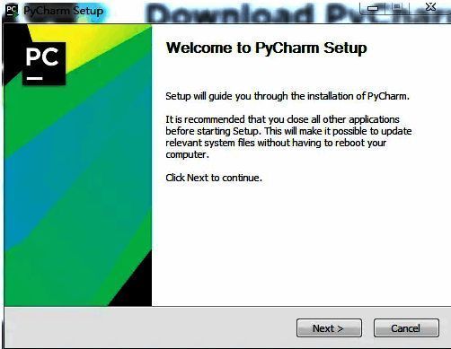 PyCharm安装向导起始界面，提示用户点击Next开始安装