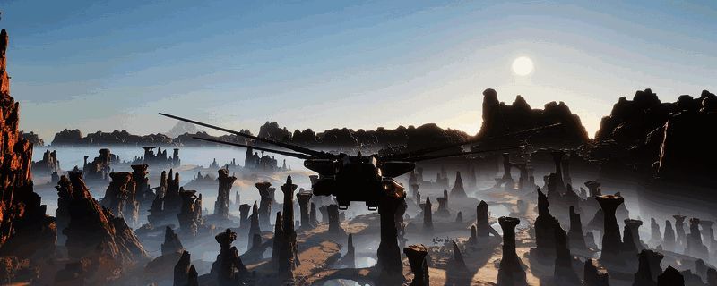 《沙丘：觉醒》中玩家驾驶载具在沙漠中采集资源，远处是广袤的基地建设区域