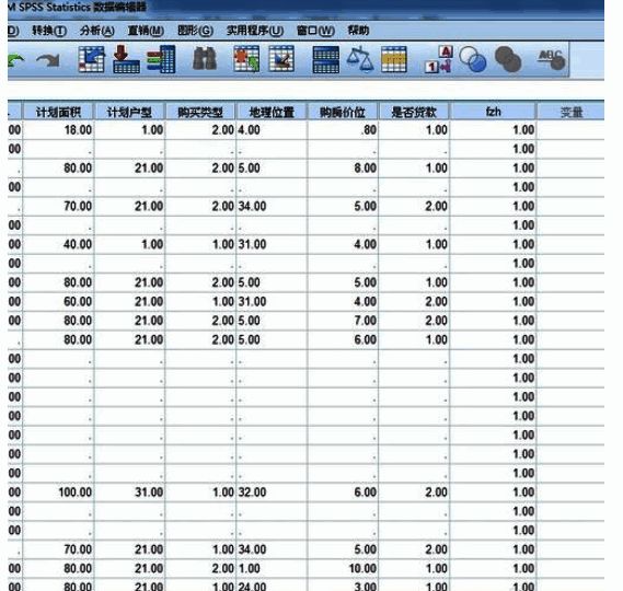 SPSS数据视图界面，展示分组变量第1组的数据示例