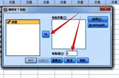 T检验变量设置界面，左侧为变量列表，右侧为检验值输入框