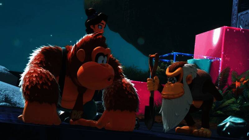 咚奇刚与伙伴并肩作战，背景为色彩斑斓的横版关卡地图