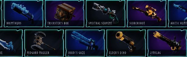 多种科幻风格武器陈列画面，武器散发能量光芒