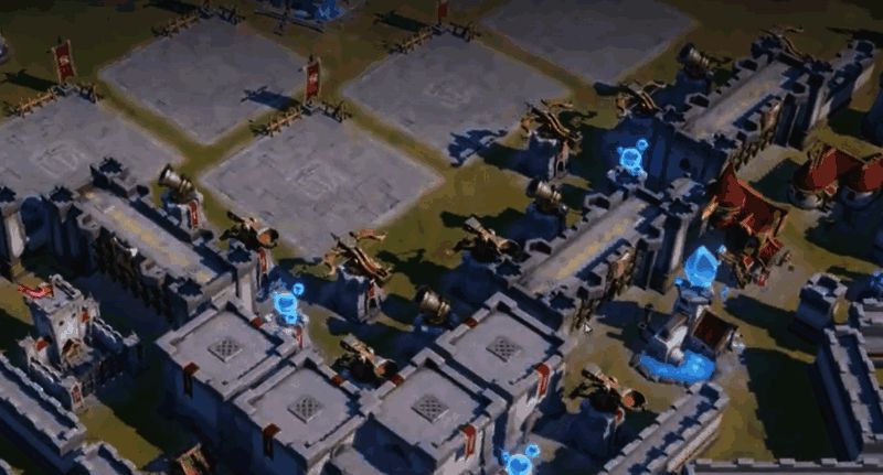 胜利后的联盟庆祝画面，成员们在主堡前展示胜利旗帜