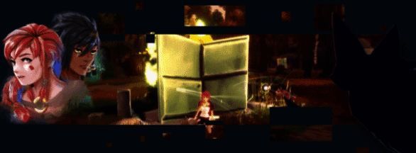 主角在神庙遗迹中探索，周围布满古老的壁画与神秘符号，光线昏暗而氛围紧张