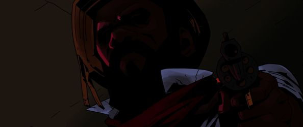 主角挥舞大刀与恶魔对战，身后有燃烧的村庄和血色天空