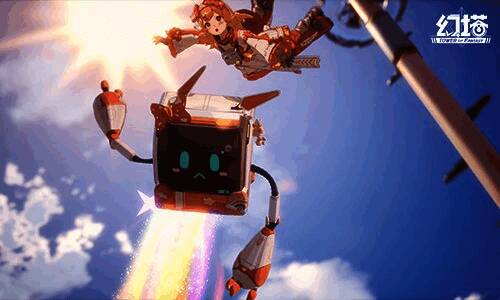 胡萝贝骑在机器人肩膀上，两人在空中飞翔，背景特效炫丽