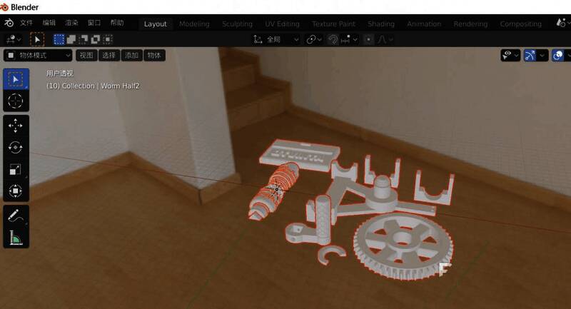 导入完成后的Blender视图，展示多个STL模型排列整齐