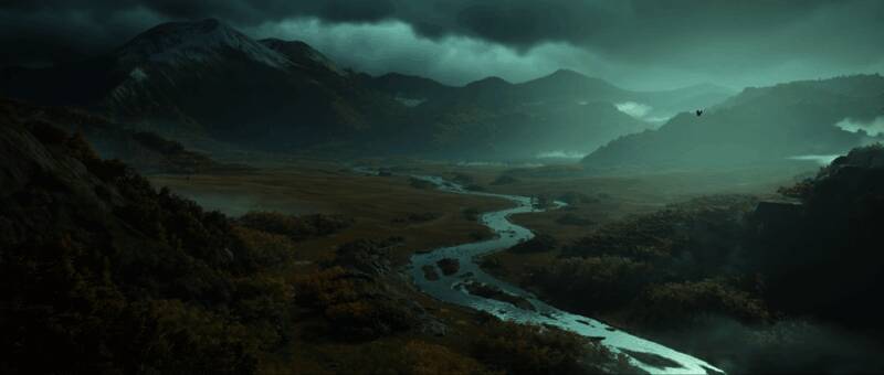 村庄场景截图，木屋错落，远处可见雪山和雾气缭绕的森林